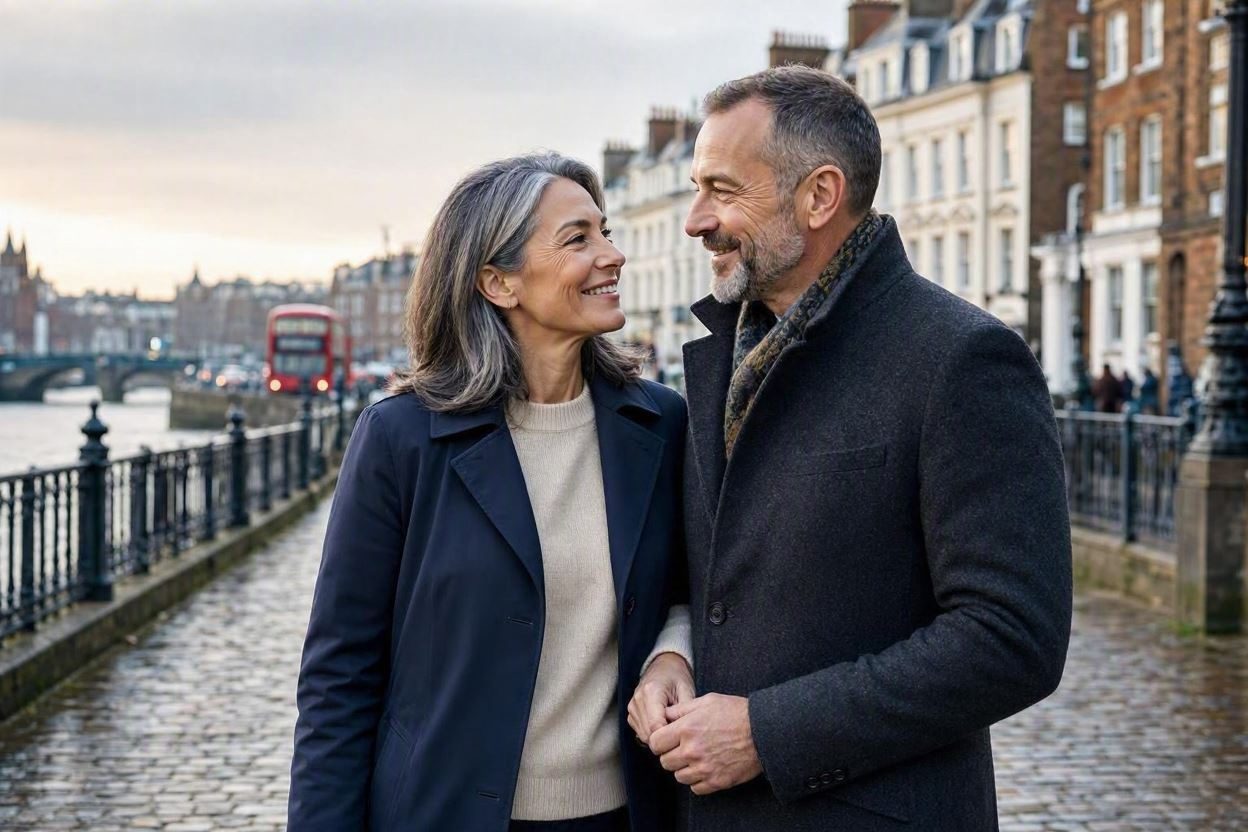 Mature couple smiling on a London riverside walk with a red bus behind them